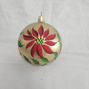 Hand Painted Poinsettia Gold Ball Ornament